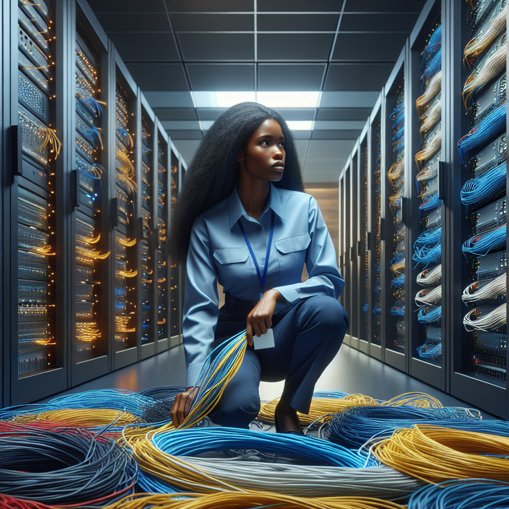 Network cabling specialist organizing cables in a well-lit modern office environment.