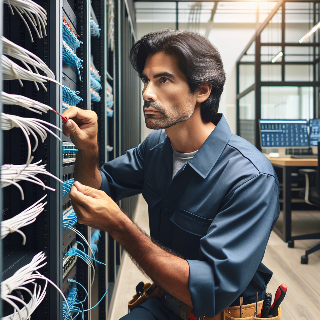 A network cabling specialist working on connecting cables in a modern office building.