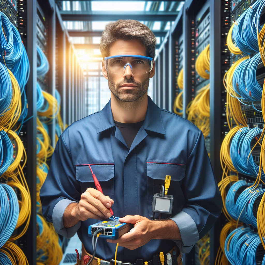 A network cabling specialist working in a data center, organizing cables and testing connections.