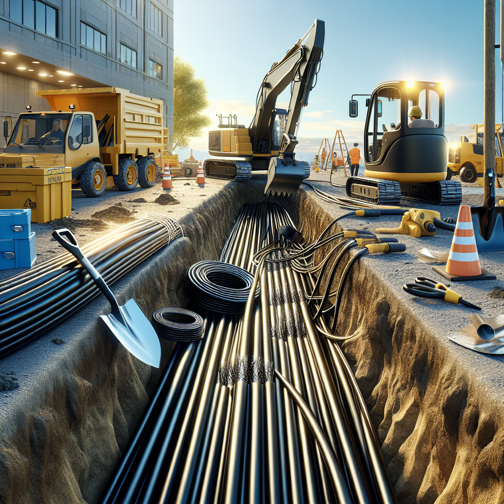 Realistic depiction of fiber optic cables being installed underground with construction tools and an active work site.