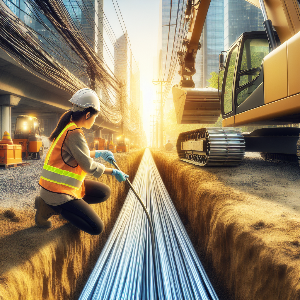 A worker laying fiber optic cables in a trench in an urban environment.