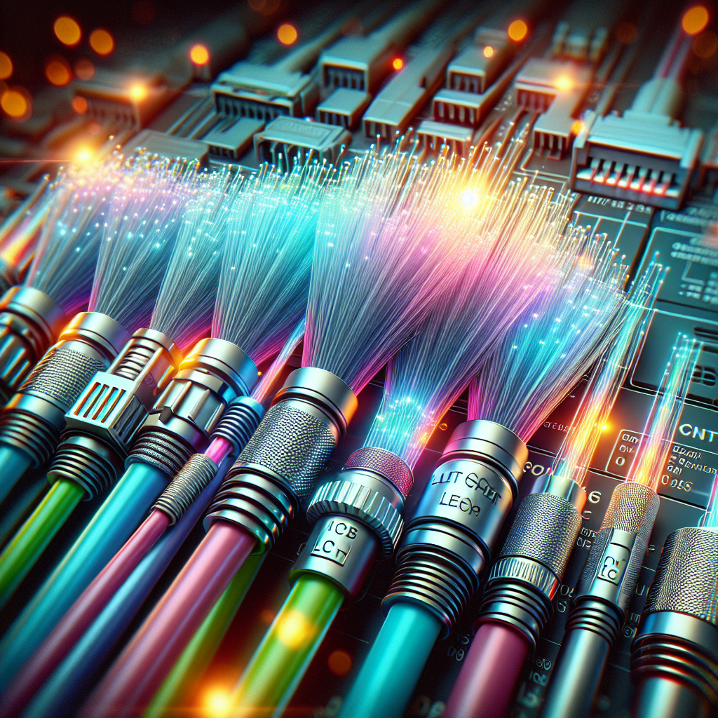 Realistic depiction of fiber optic cables connected to LC and SC connectors, emitting light.