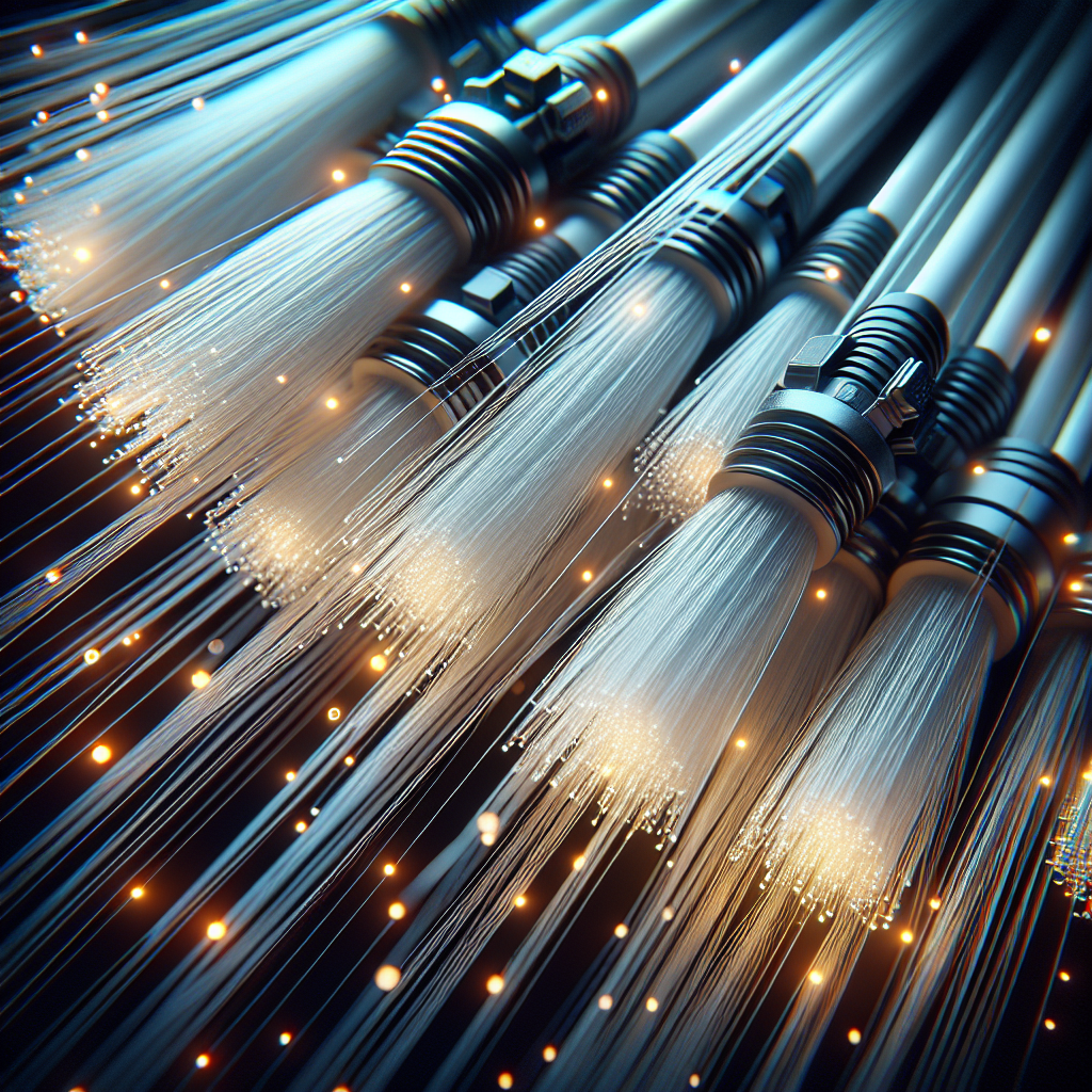 Detailed, realistic depiction of fiber optic cables with LC and SC connectors, showcasing the thin glass or plastic fibers and their luminous glow.