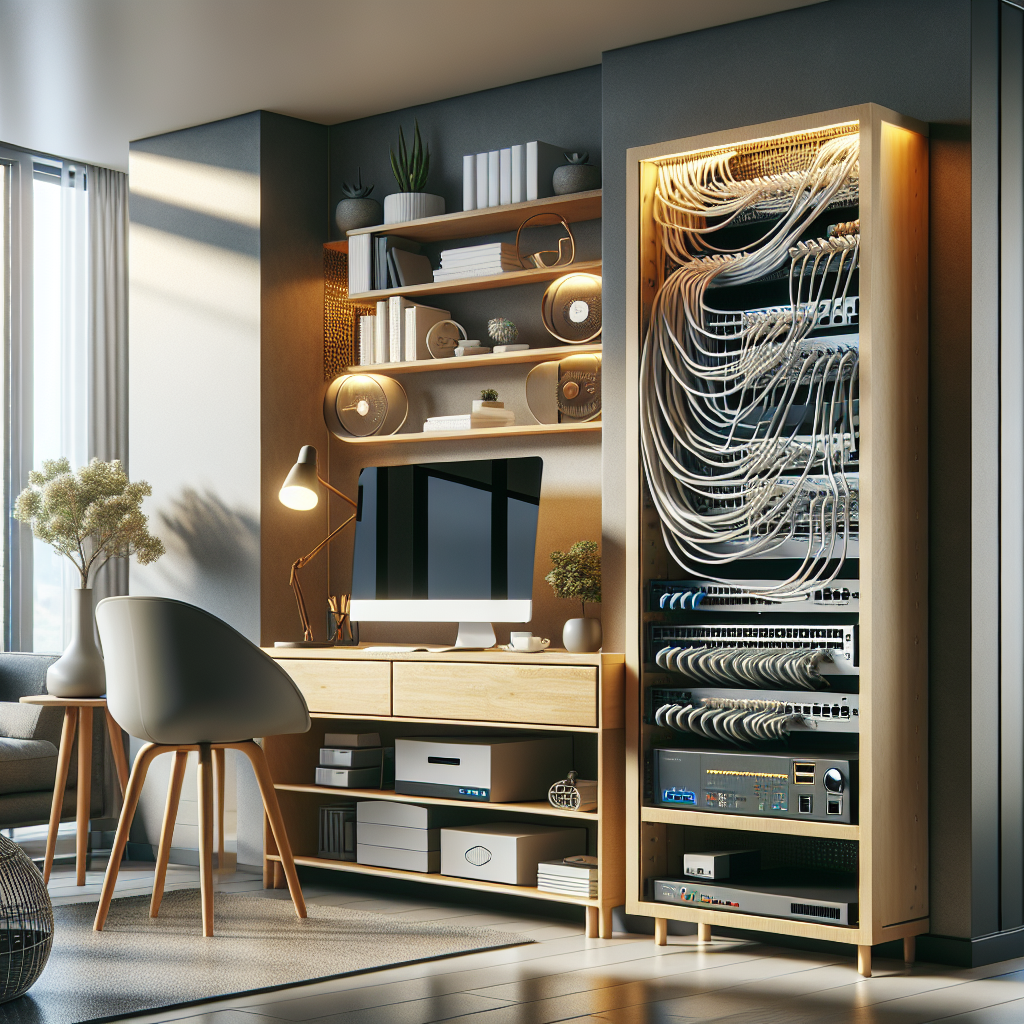 A modern home interior showcasing home network wiring services with neatly installed Ethernet cables and various connected devices.