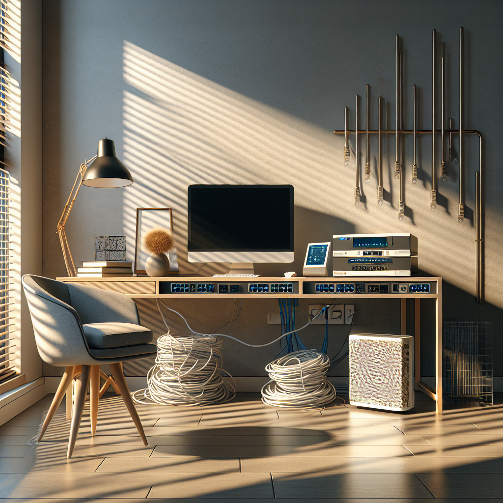 Modern home office setup with evident network wiring services, including a computer, router, and organized network cables.