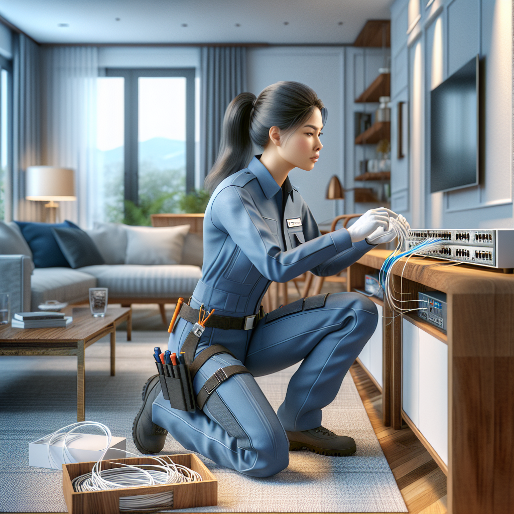 Technician installing home network wiring in a modern living room.