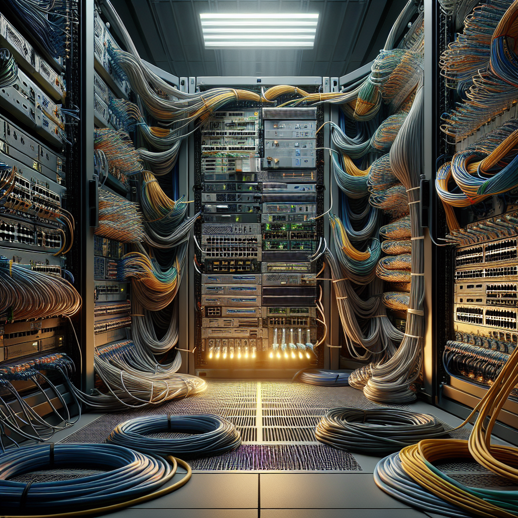 A realistic depiction of network cable infrastructure within a data center.