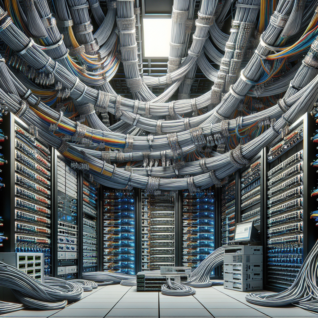 Realistic server room with detailed network cable infrastructure.