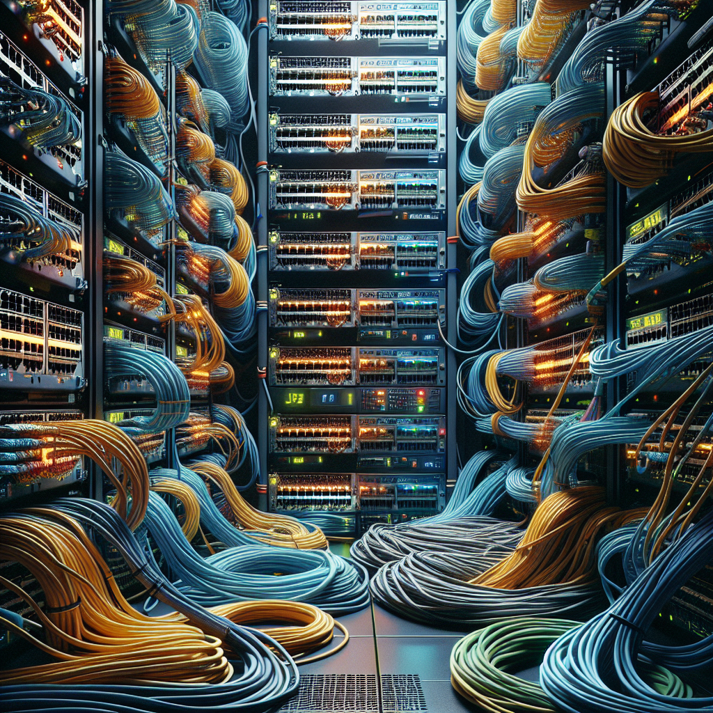 A detailed and realistic image of network cable infrastructure in a server room.