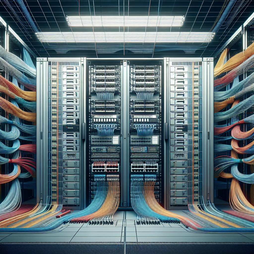 Detailed and realistic image of a data center networking rack with an emphasis on data wiring fundamentals.