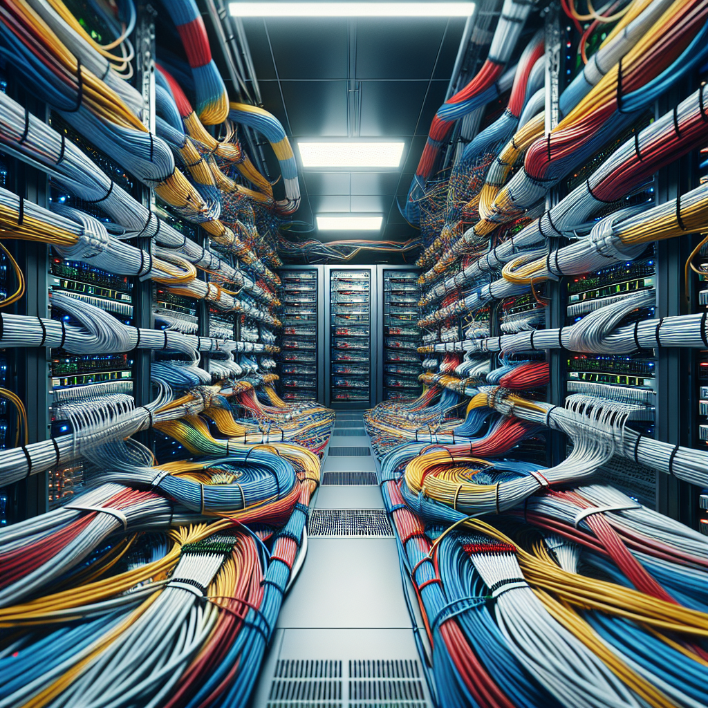 A highly organized data center wiring infrastructure with clear labels and color-coded cables.