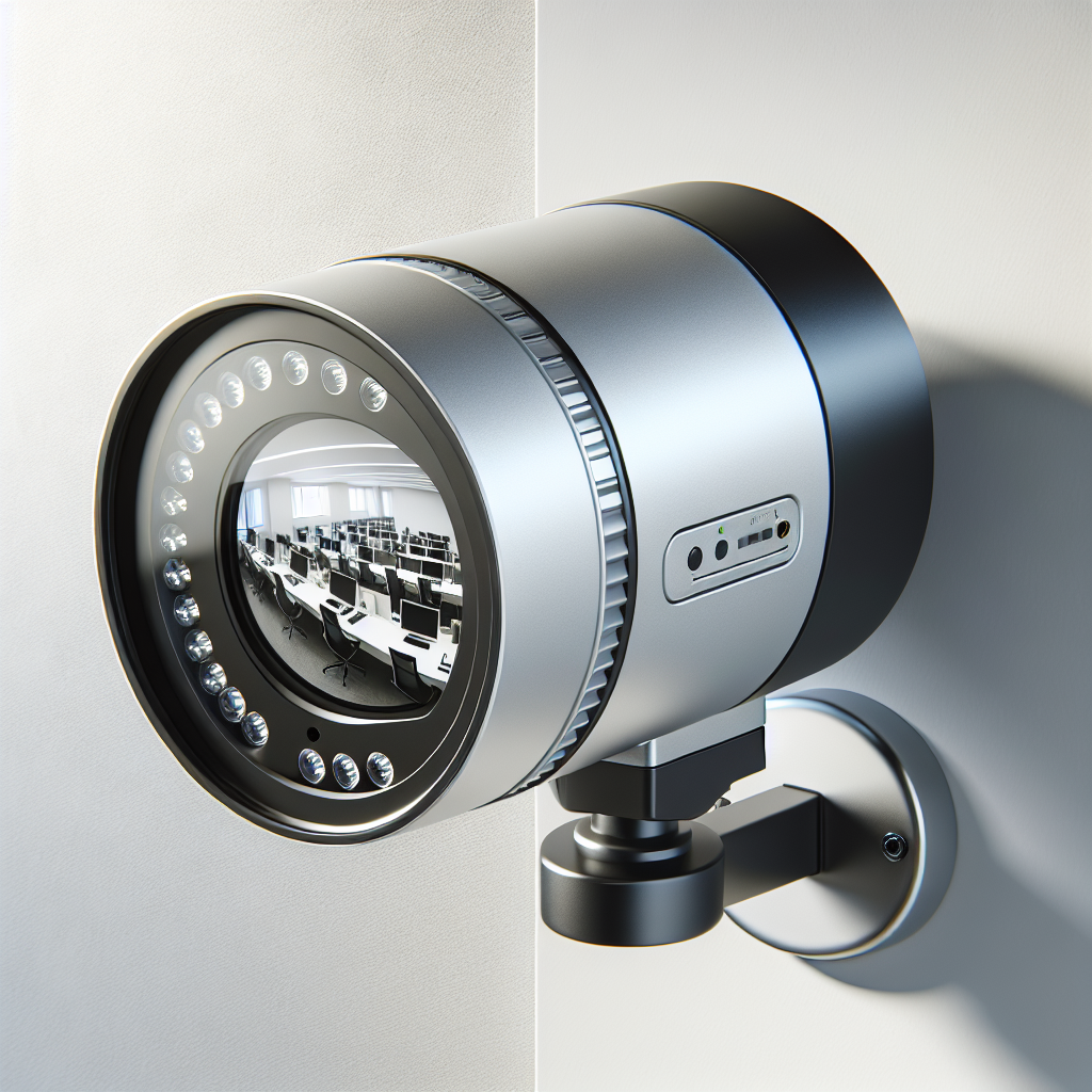 A modern security camera mounted on a wall with an office setting reflected in the lens.