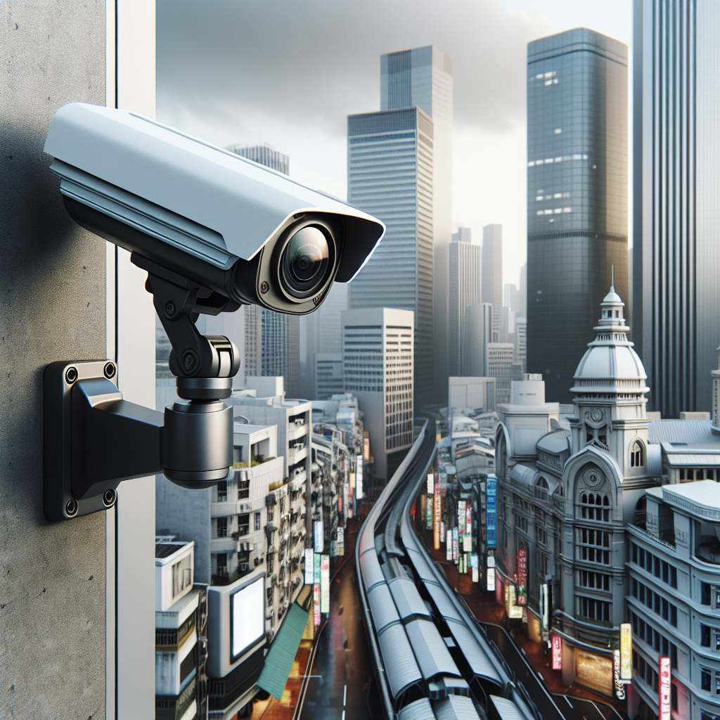 Security camera installation on an exterior building wall, overseeing a cityscape.