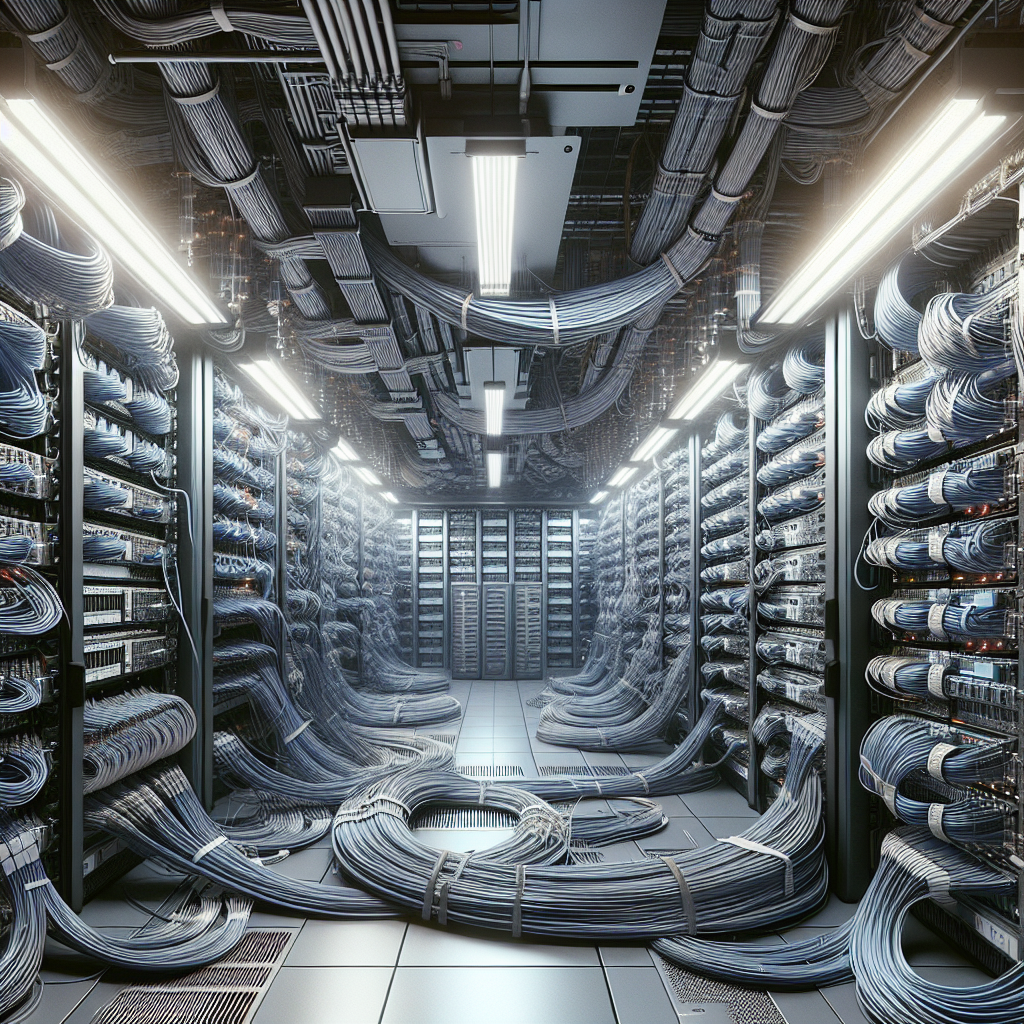 Realistic and detailed image of telecommunication wiring infrastructure in a server room.