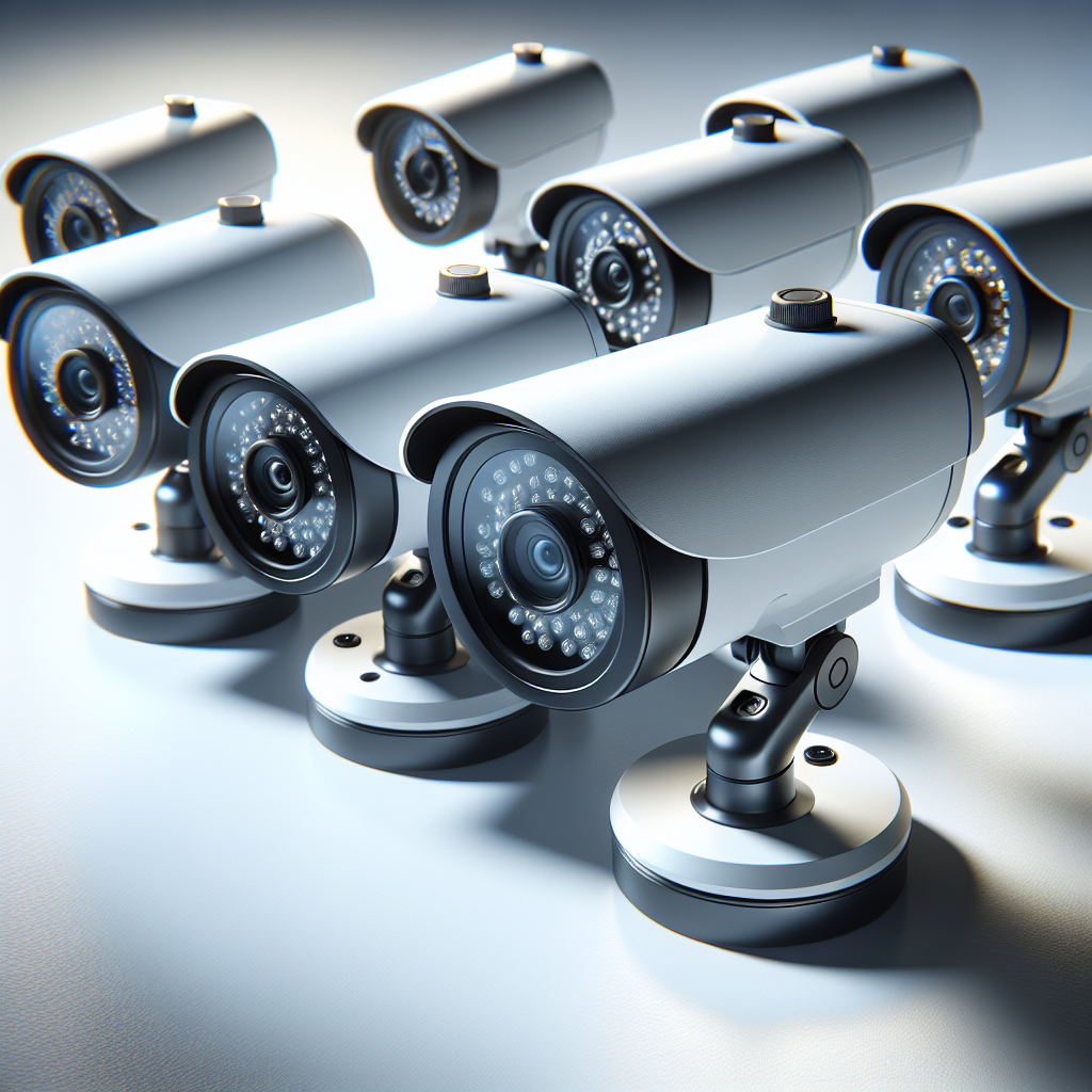 An assortment of Swann security cameras displayed on a white surface.