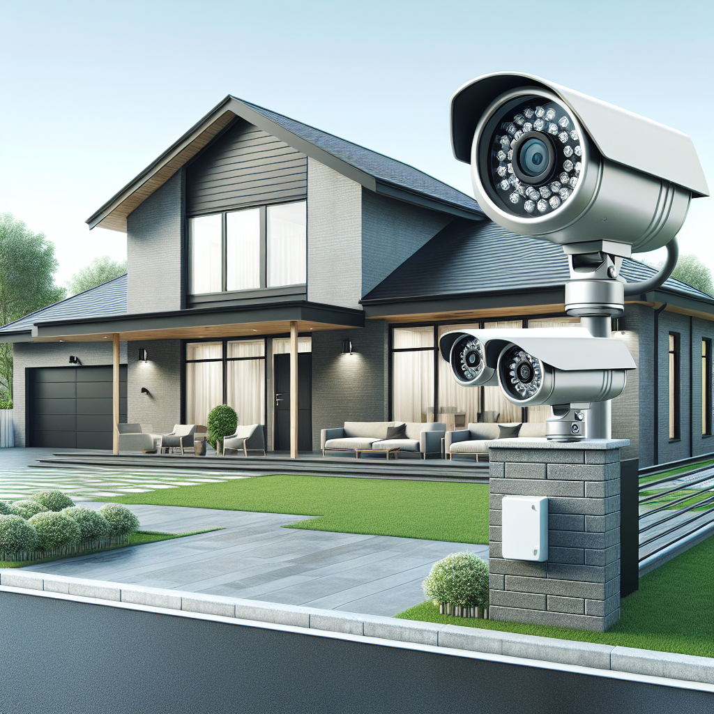 Modern home exterior with Swann security cameras.