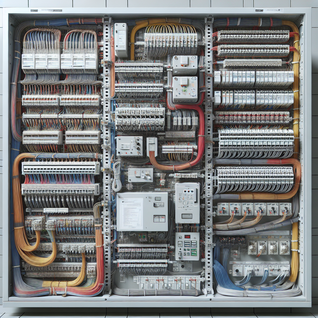 A detailed and realistic representation of a low-voltage system panel with organized wiring and clear component visibility.