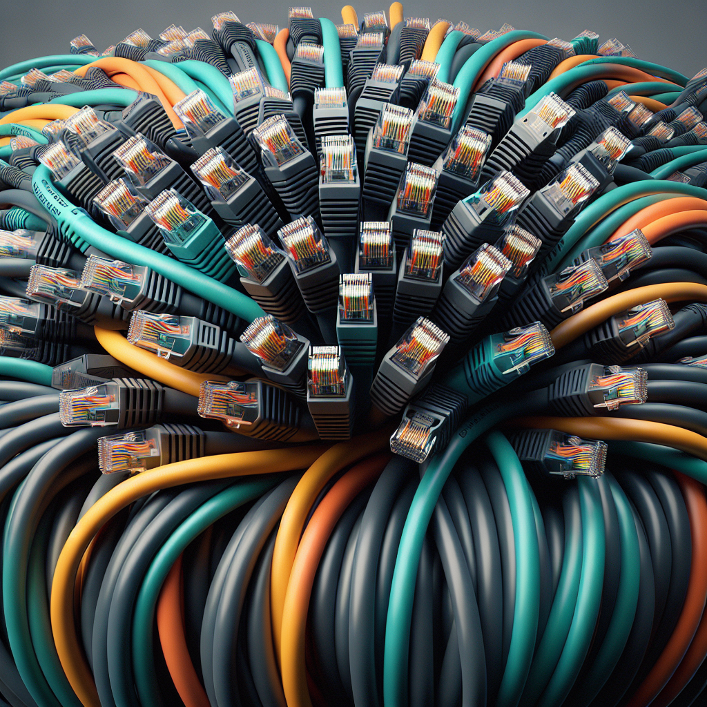 Realistic image of a neatly arranged bundle of colorful ethernet network cables with detailed connectors.