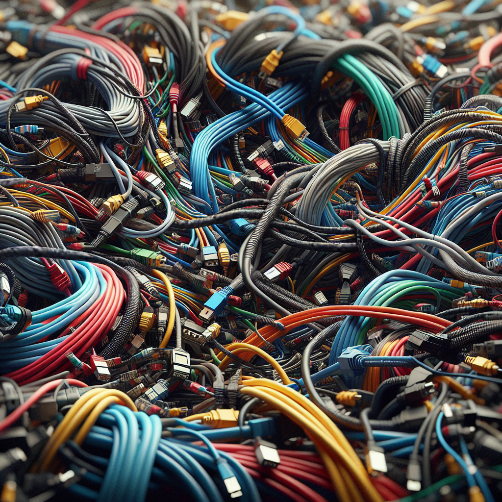 Assorted network cables realistically intertwined in various colors and connectors.