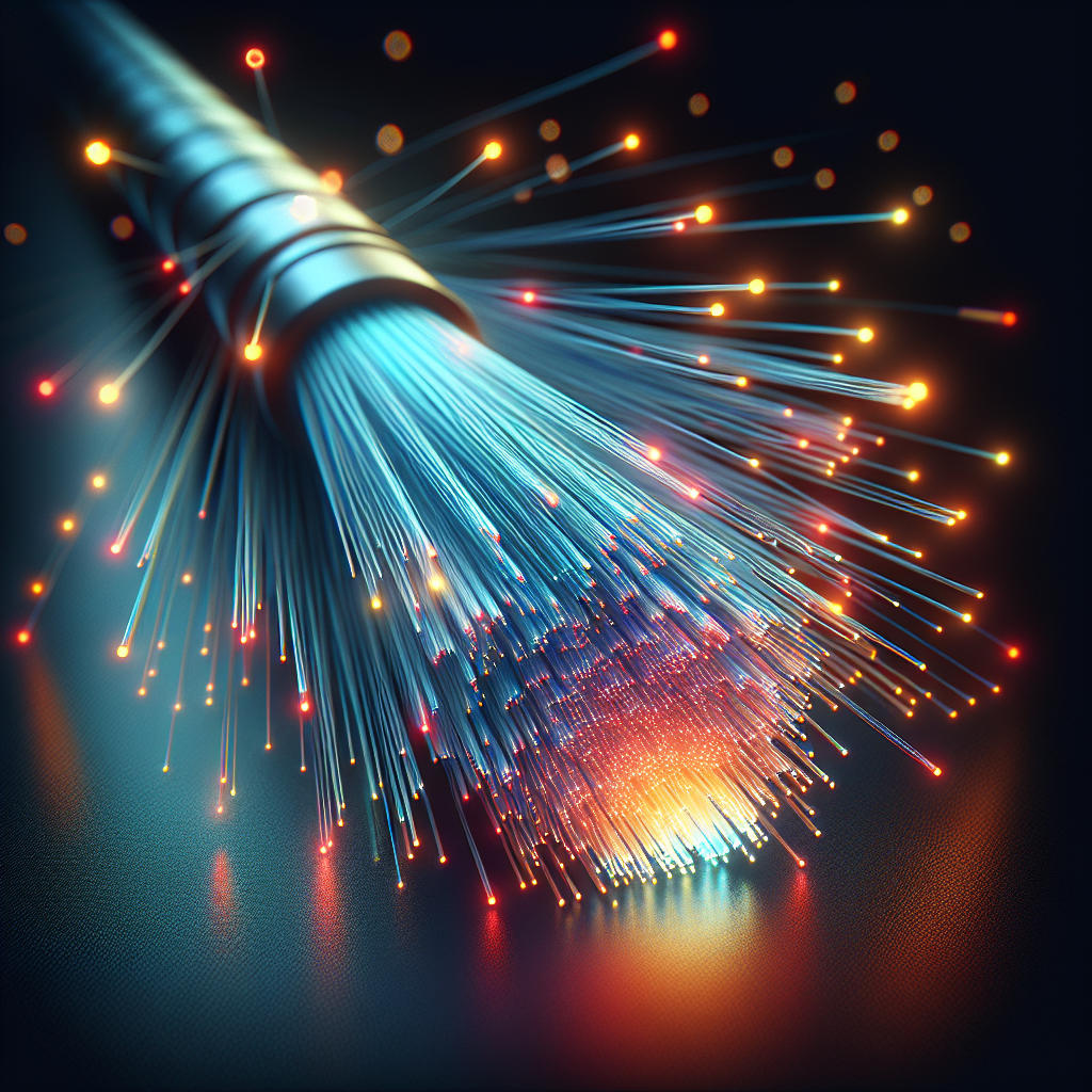 A realistic depiction of glowing fiber optic cables against a dark background.