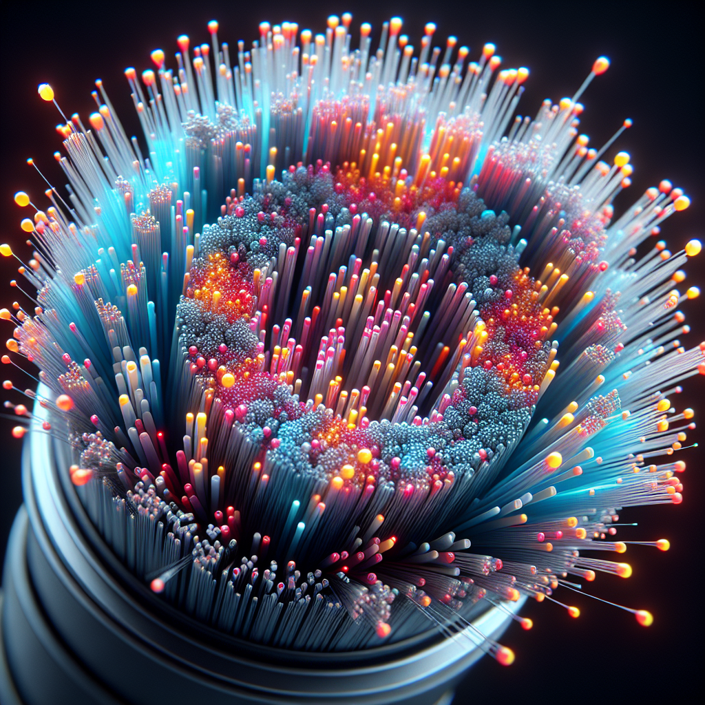 A realistic depiction of a fiber optic cable with detailed and colorful strands.