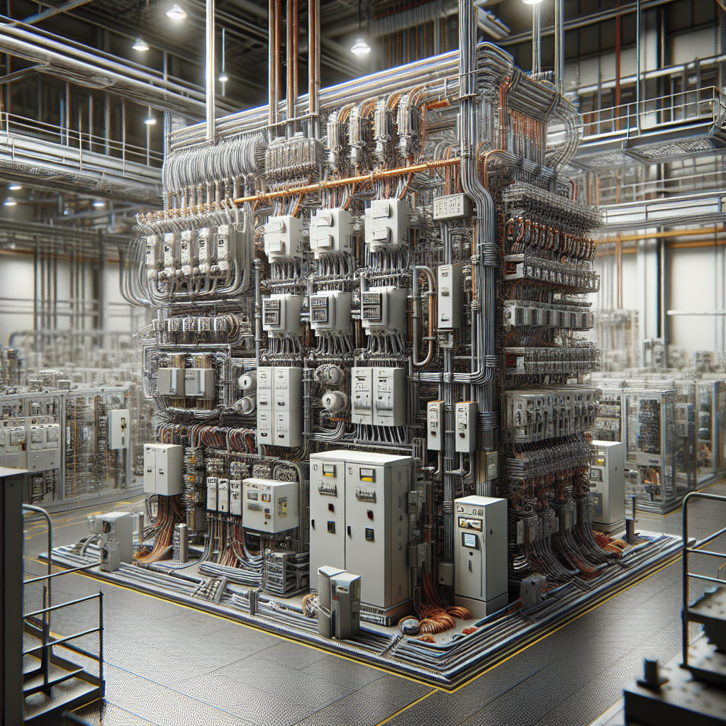 Realistic image of industrial low-voltage electrical equipment in a factory.