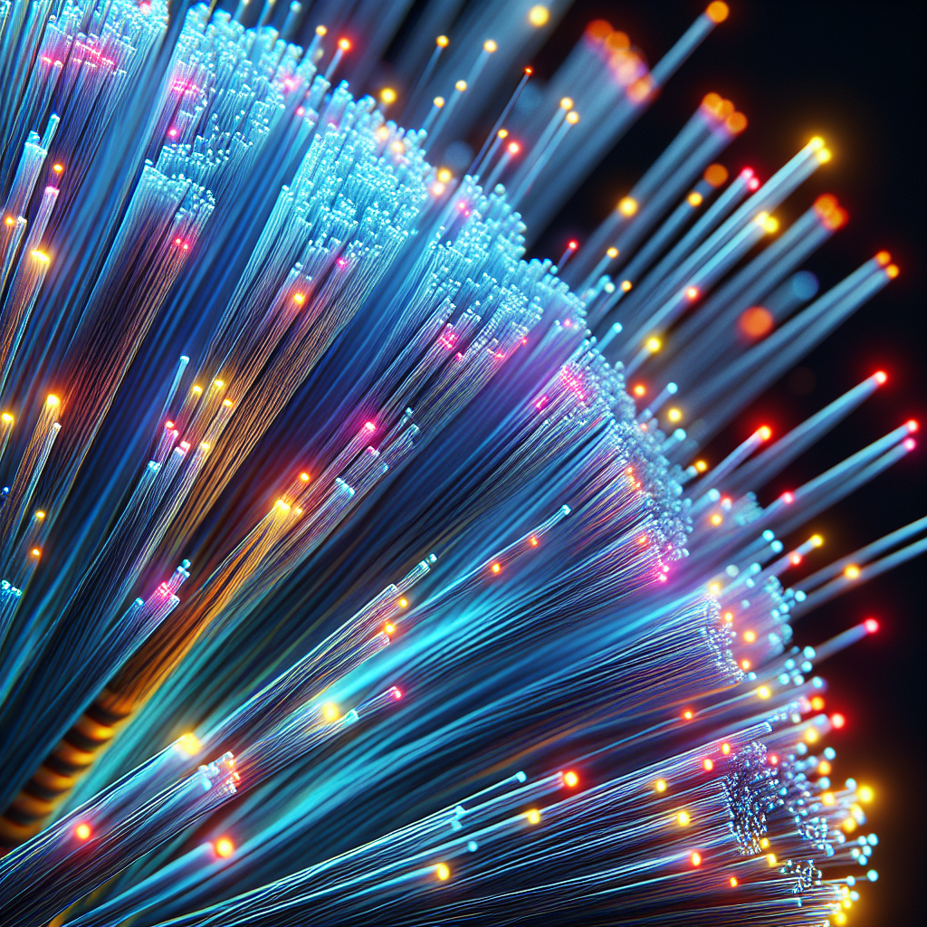 Realistic depiction of colorful fiber optic cables emitting light.