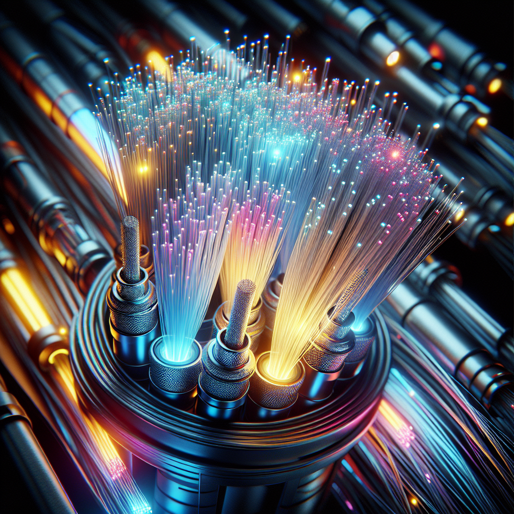 A realistic depiction of illuminated fiber optic cables with glowing colorful lights and intricate details.