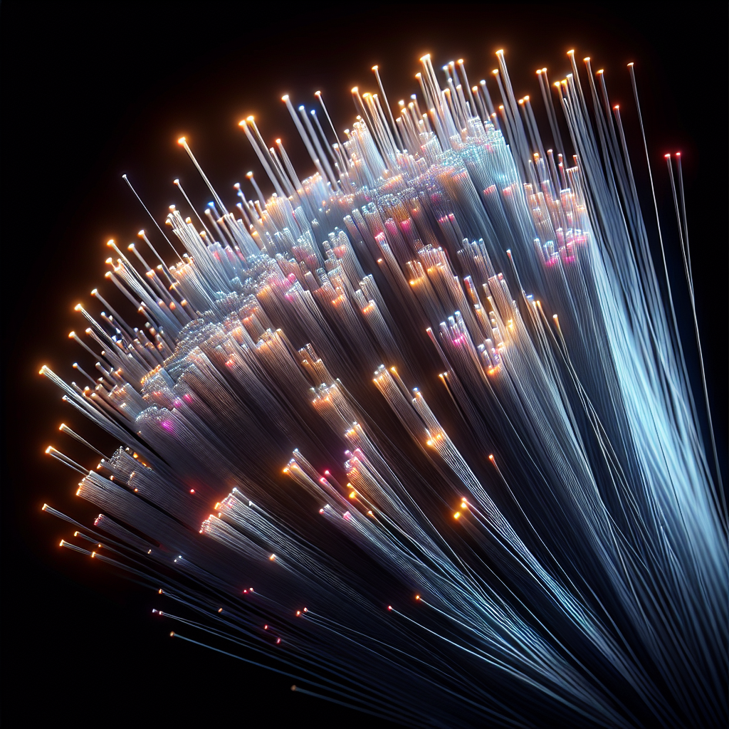 Realistic image of fiber optic cables with vibrant colors of light passing through them.