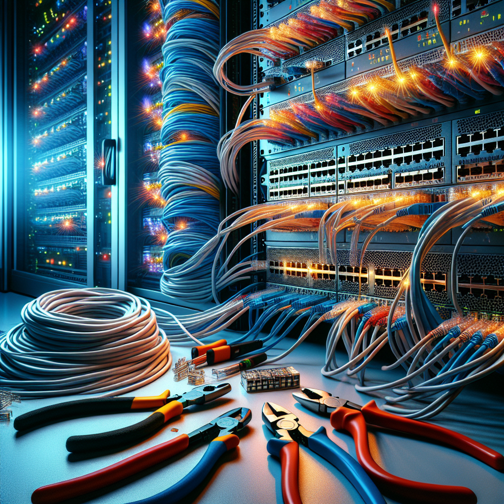 Realistic depiction of network cable installation with Ethernet cables, tools, and a server room background.