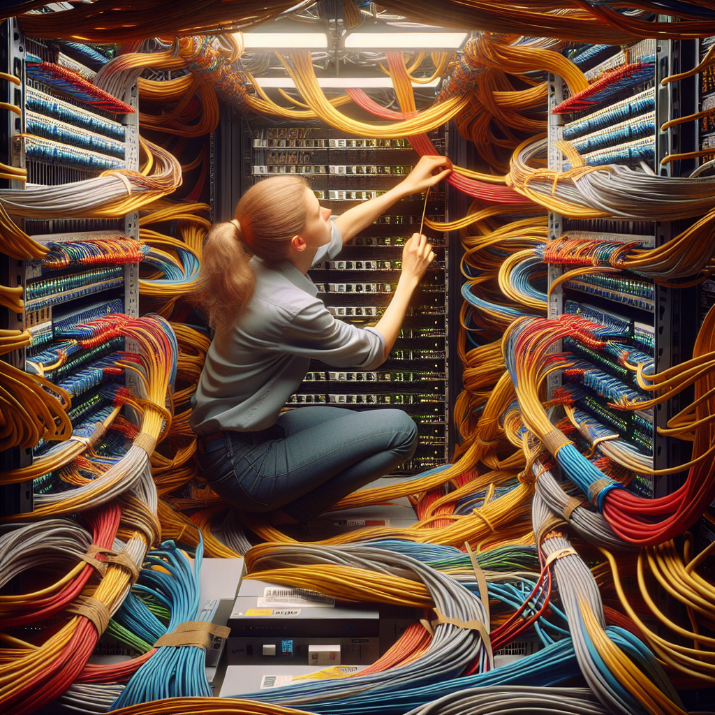 A realistic depiction of a technician installing network cables in a server rack.