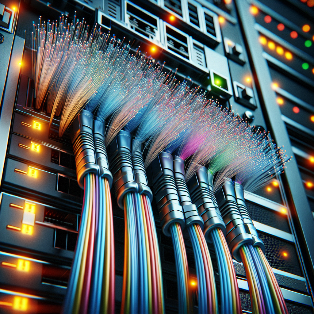 A realistic image of fibre optic cables connected to a server with brightly lit, multi-colored strands and a high-tech ambiance.