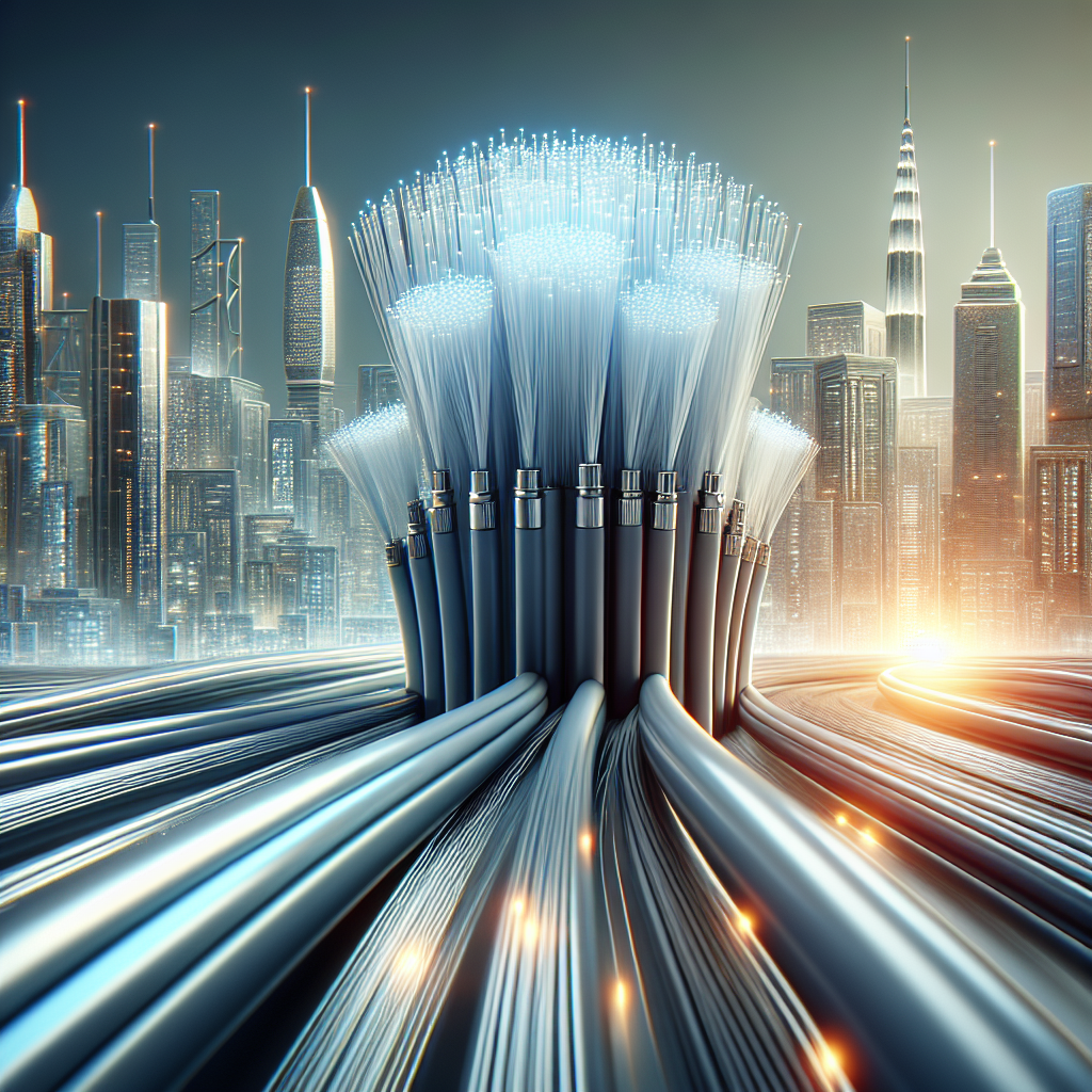 Realistic depiction of fibre-optic cables with light passing through in a high-tech environment.