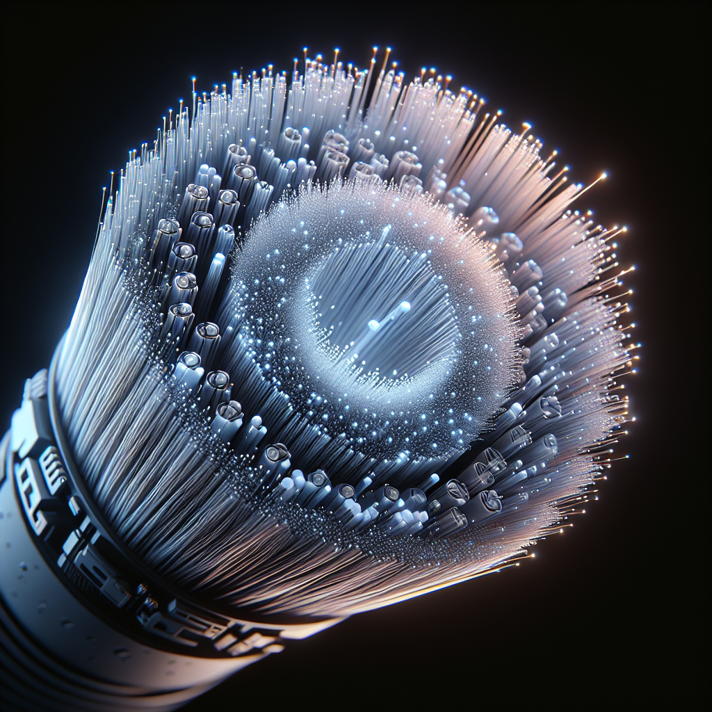 A realistic depiction of a fibre-optic cable showcasing its internal structure and light transmission.