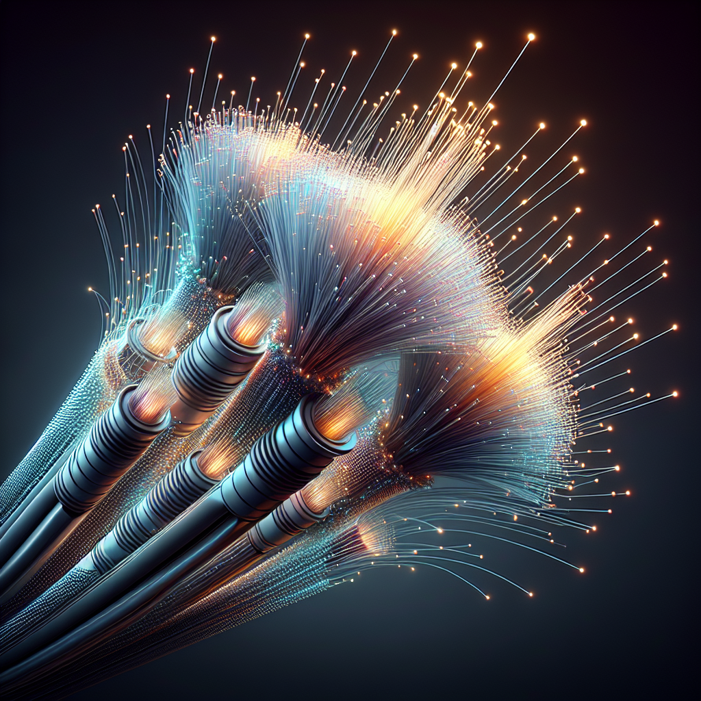 A realistic image of fibre-optic cables with fine, glowing thread-like fibres.