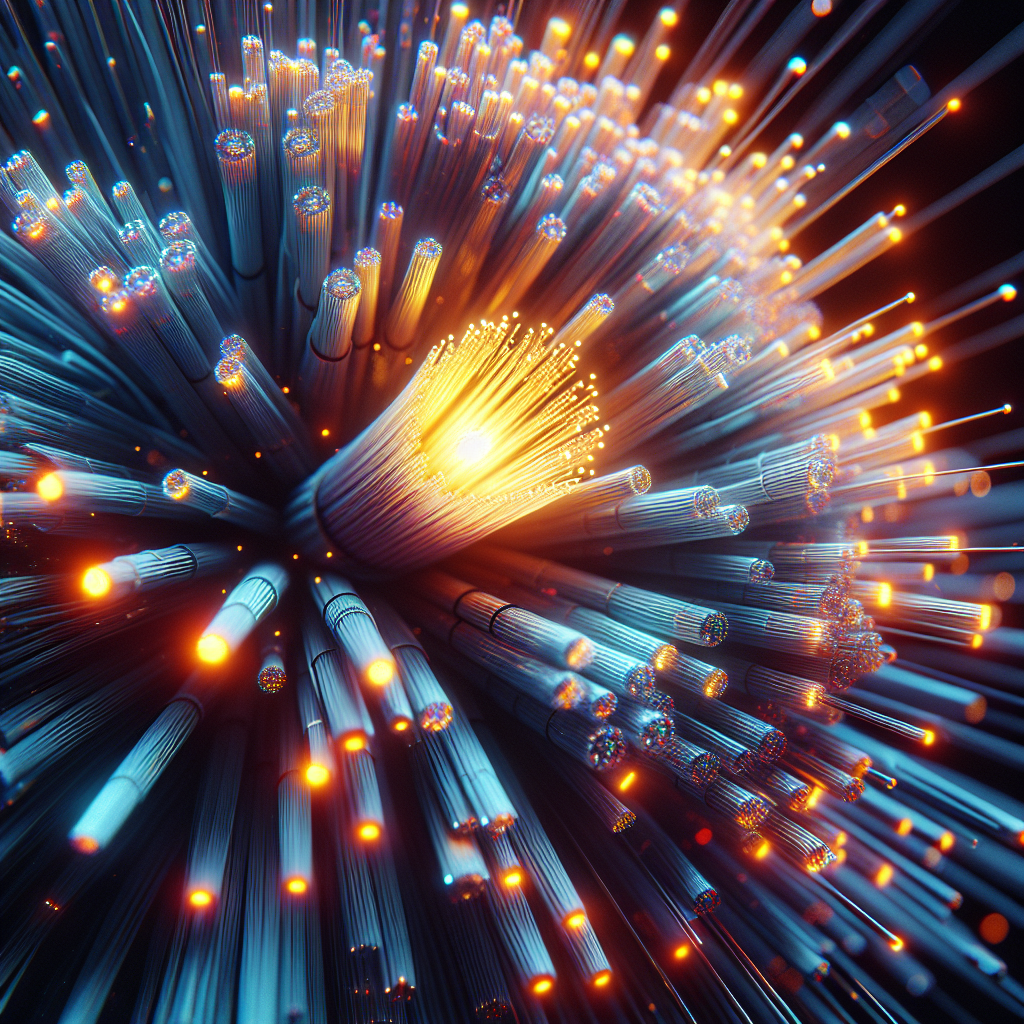Close-up of realistic fiber-optic cables with glowing light.