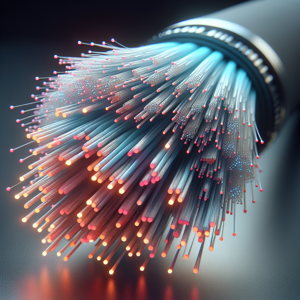 Realistic illustration of a fiber-optic cable with detailed, glowing fibers.