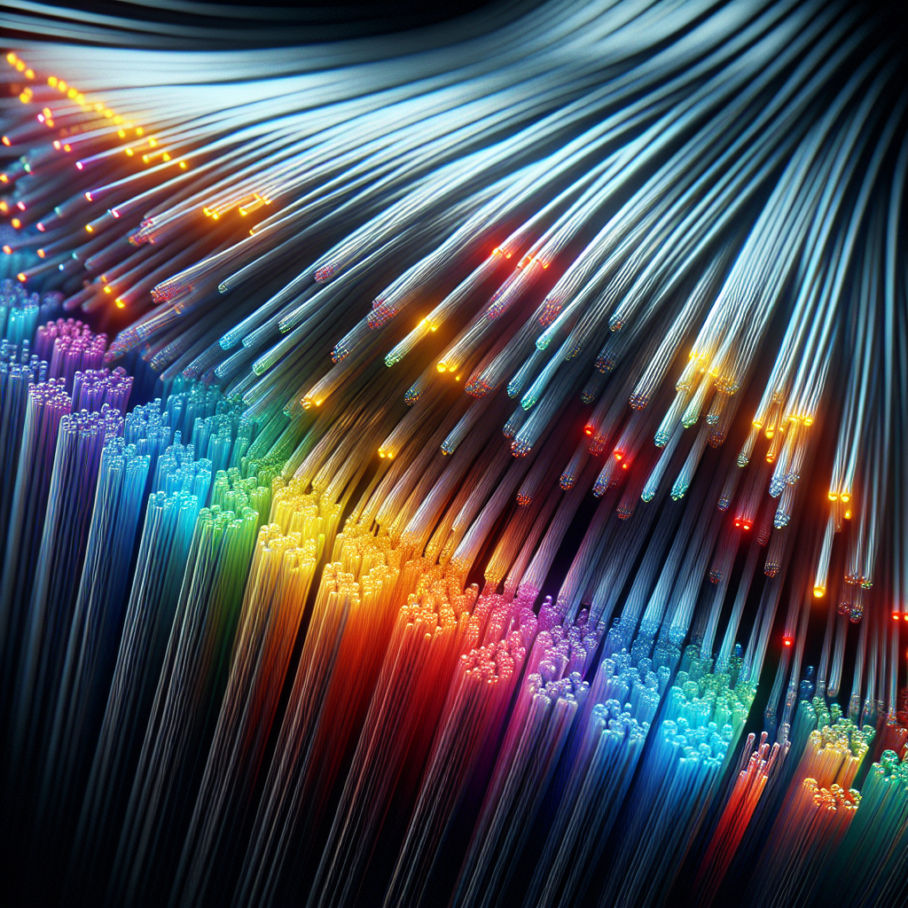 A realistic image of fiber optic cables with vibrant light passing through.