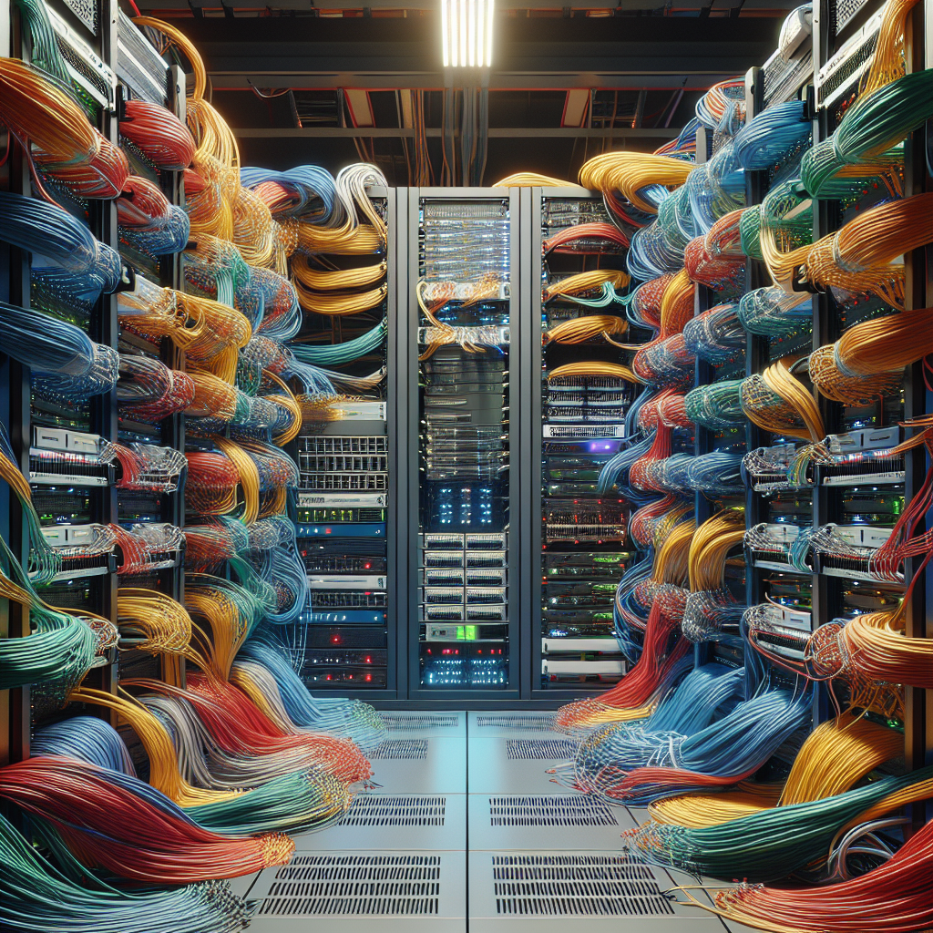 A neatly organized structured cabling setup in a server room.
