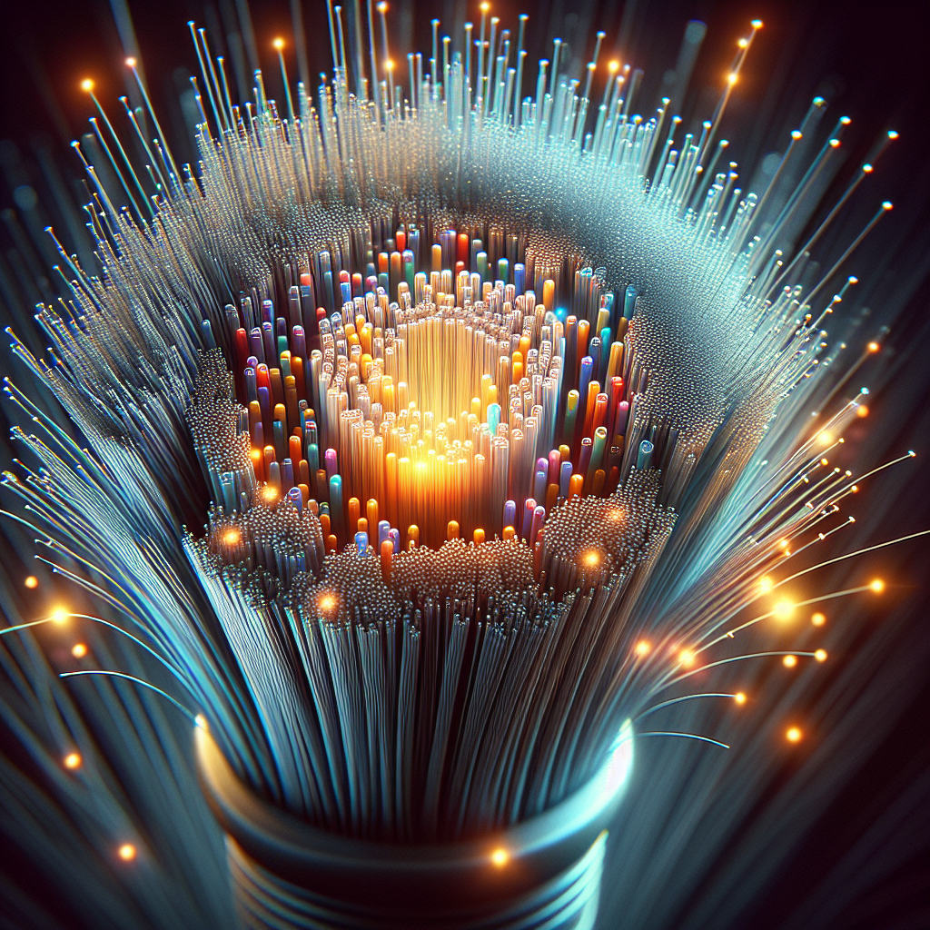 A fiber optic cable showing detailed strands and light pulses.