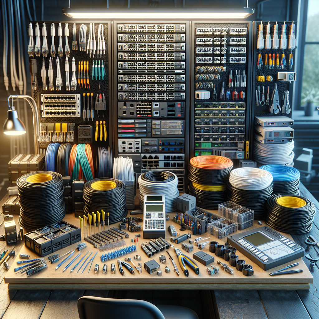 Realistic image of network cabling supplies on a workspace.