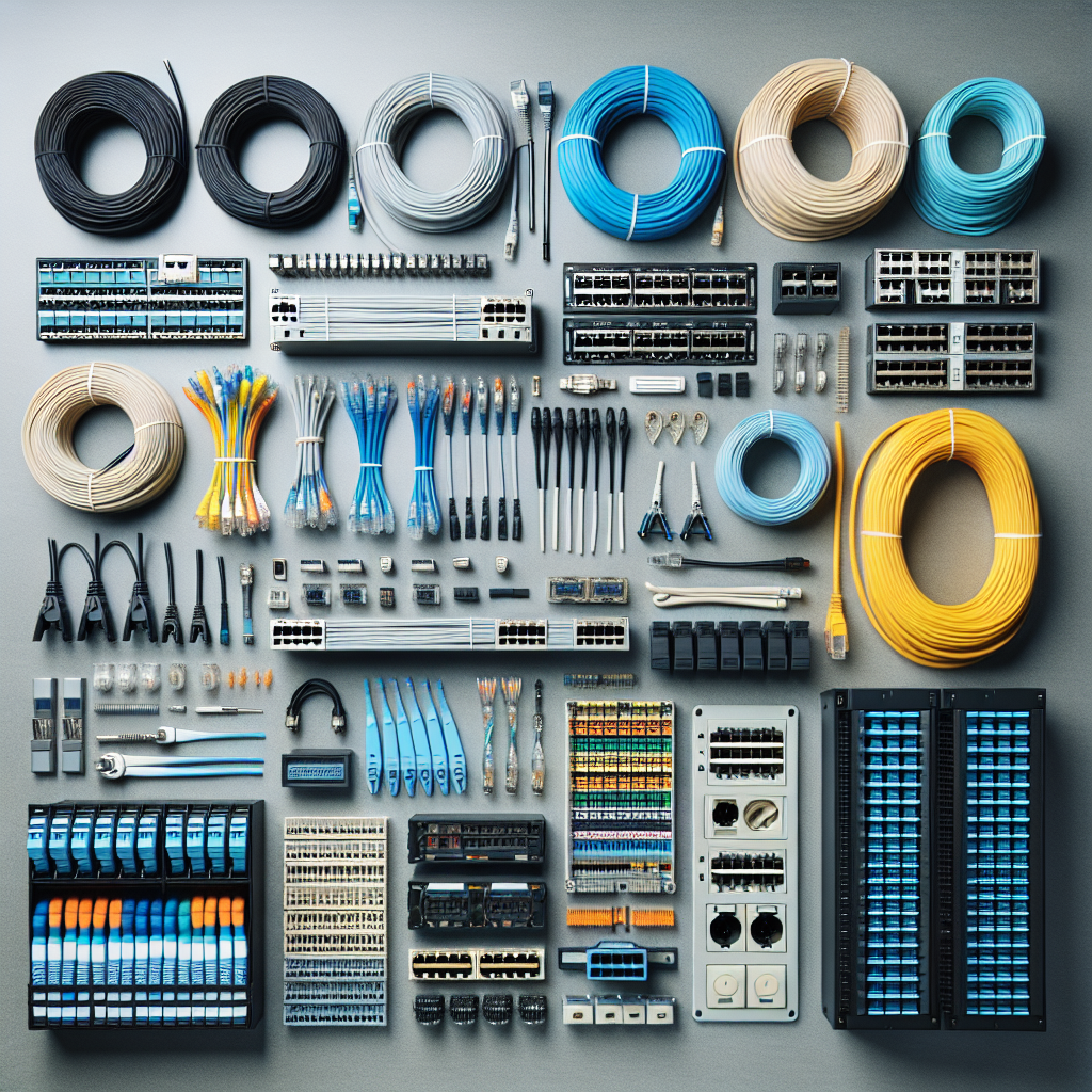 Realistic depiction of network cabling supplies including Ethernet cables, fiber optic cables, connectors, and patch panels in an organized workspace.