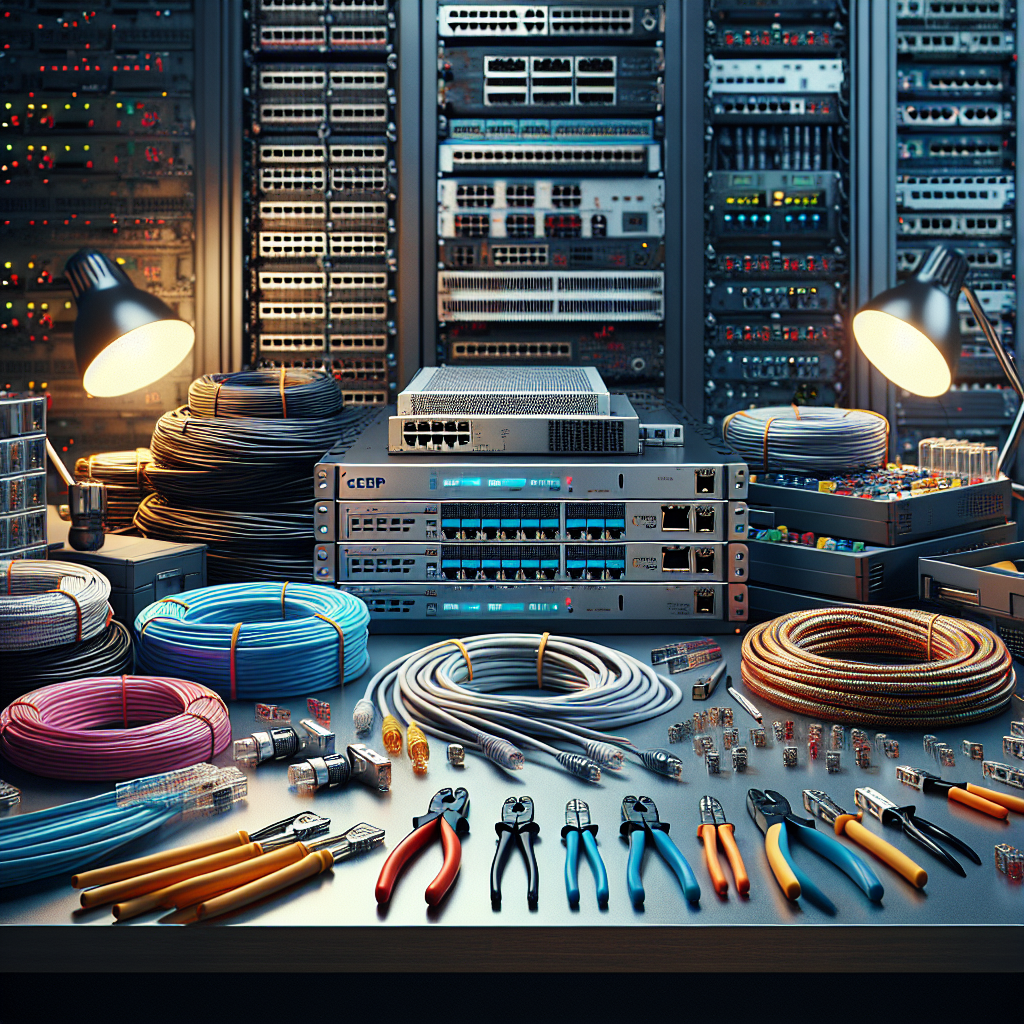 A realistic image of network cabling supplies on a workbench in a tech workshop.