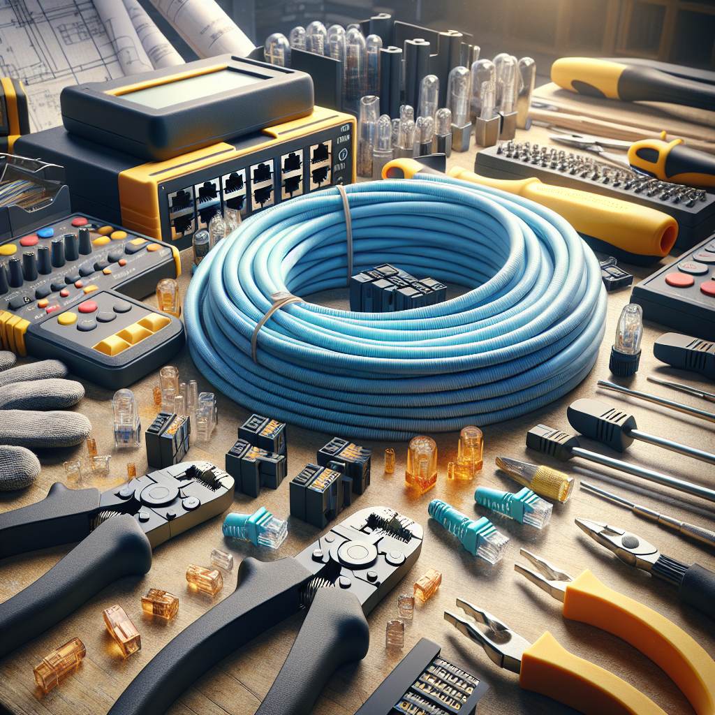 Realistic depiction of network cabling supplies on a workbench.