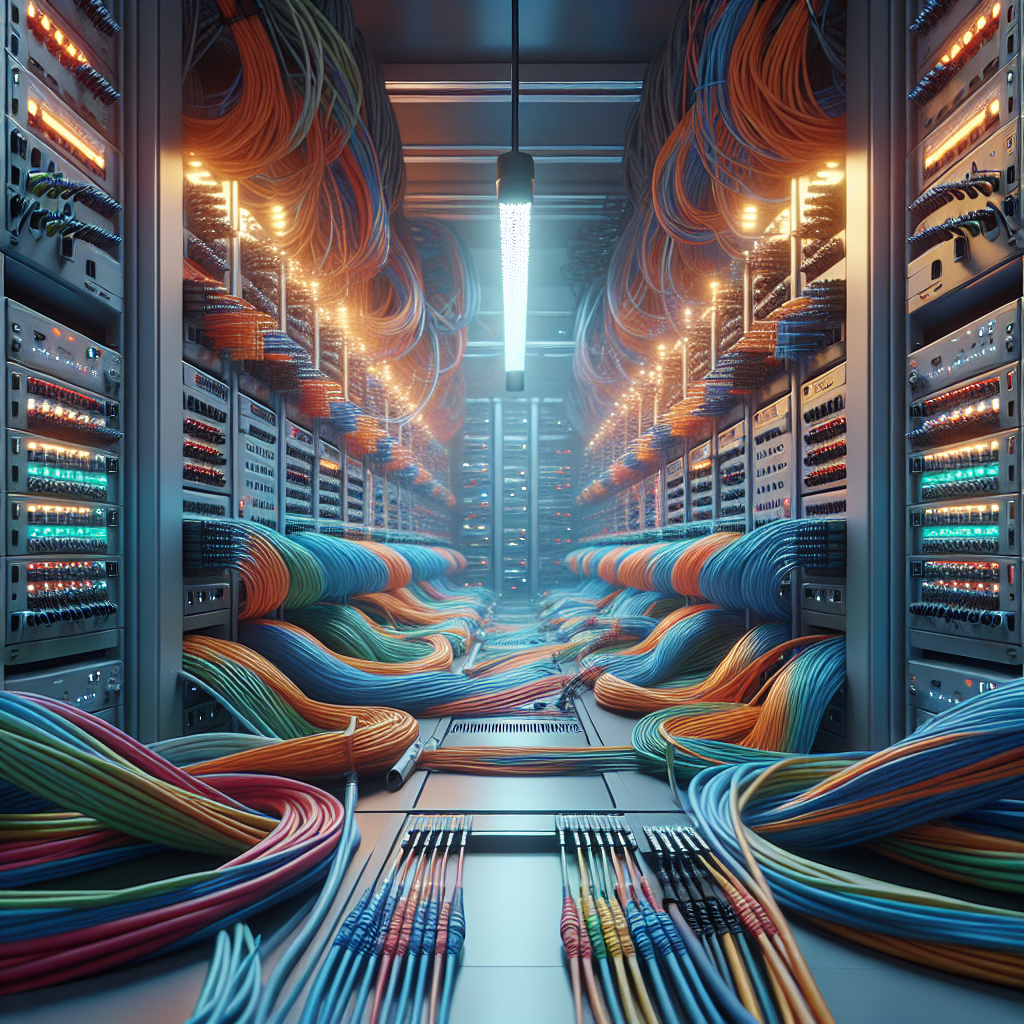 A highly realistic image of fiber optic cable management with neatly organized, color-coded fibers in a structured system.