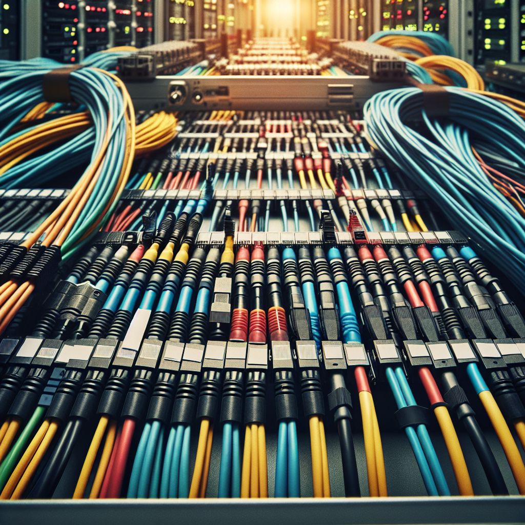 A realistic depiction of organized fiber optic cable management.