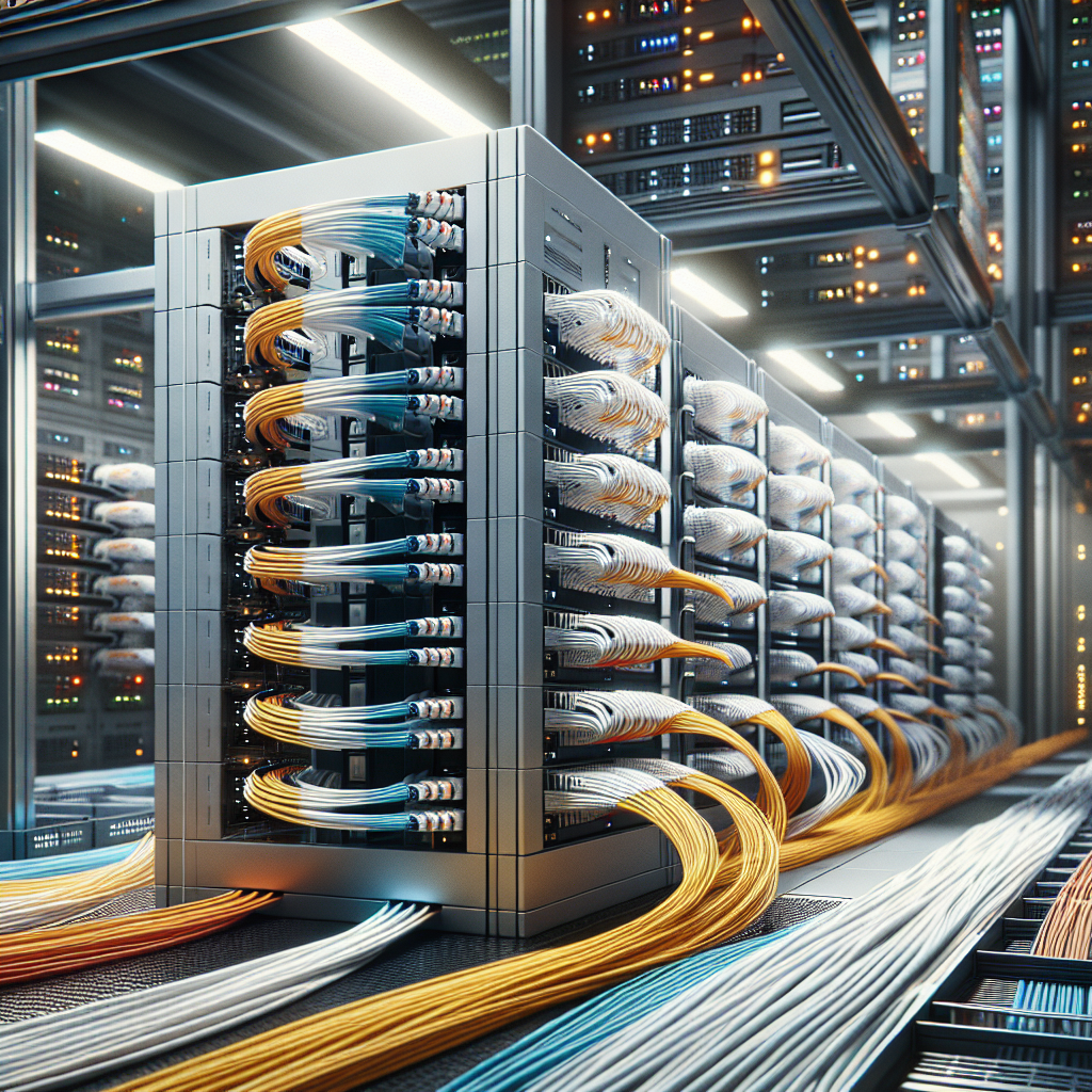 A realistic depiction of organized fiber optic cable management in a data center.