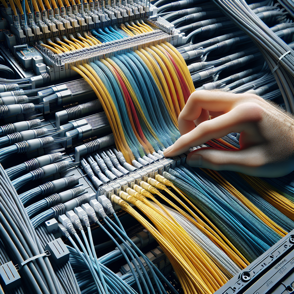 Neatly arranged fiber optic cables in a well-organized management system.