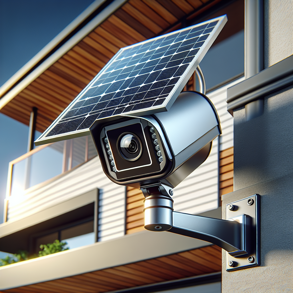 A solar-powered security camera installed on a modern house.