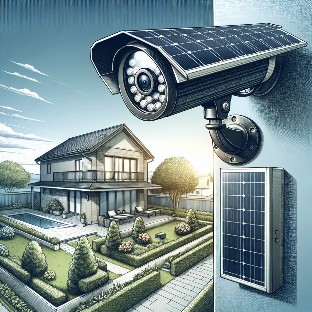 Realistic image of solar-powered security cameras mounted on a wall outside a house.